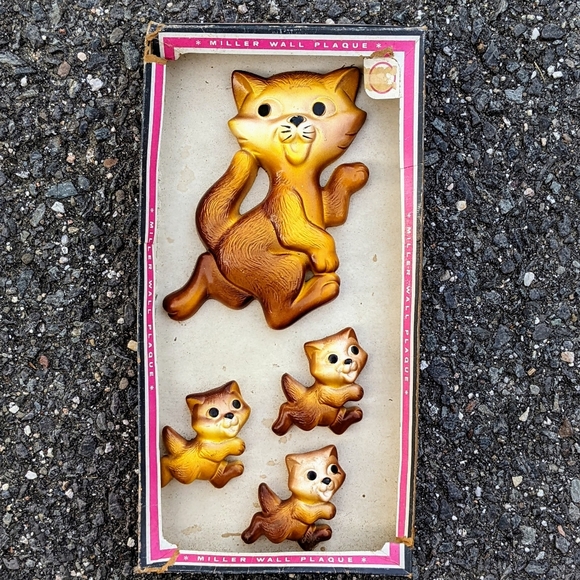 Vintage 1970 Miller Studio Chalkware Cats Set 4 Tabby Orange Wall Art Deadstock